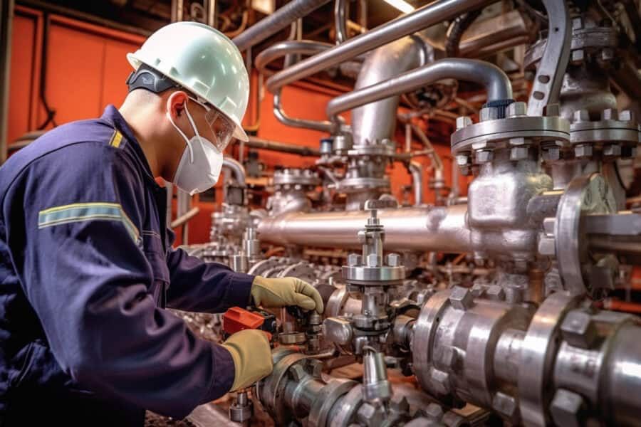 Technician inspecting valve and piping equipment